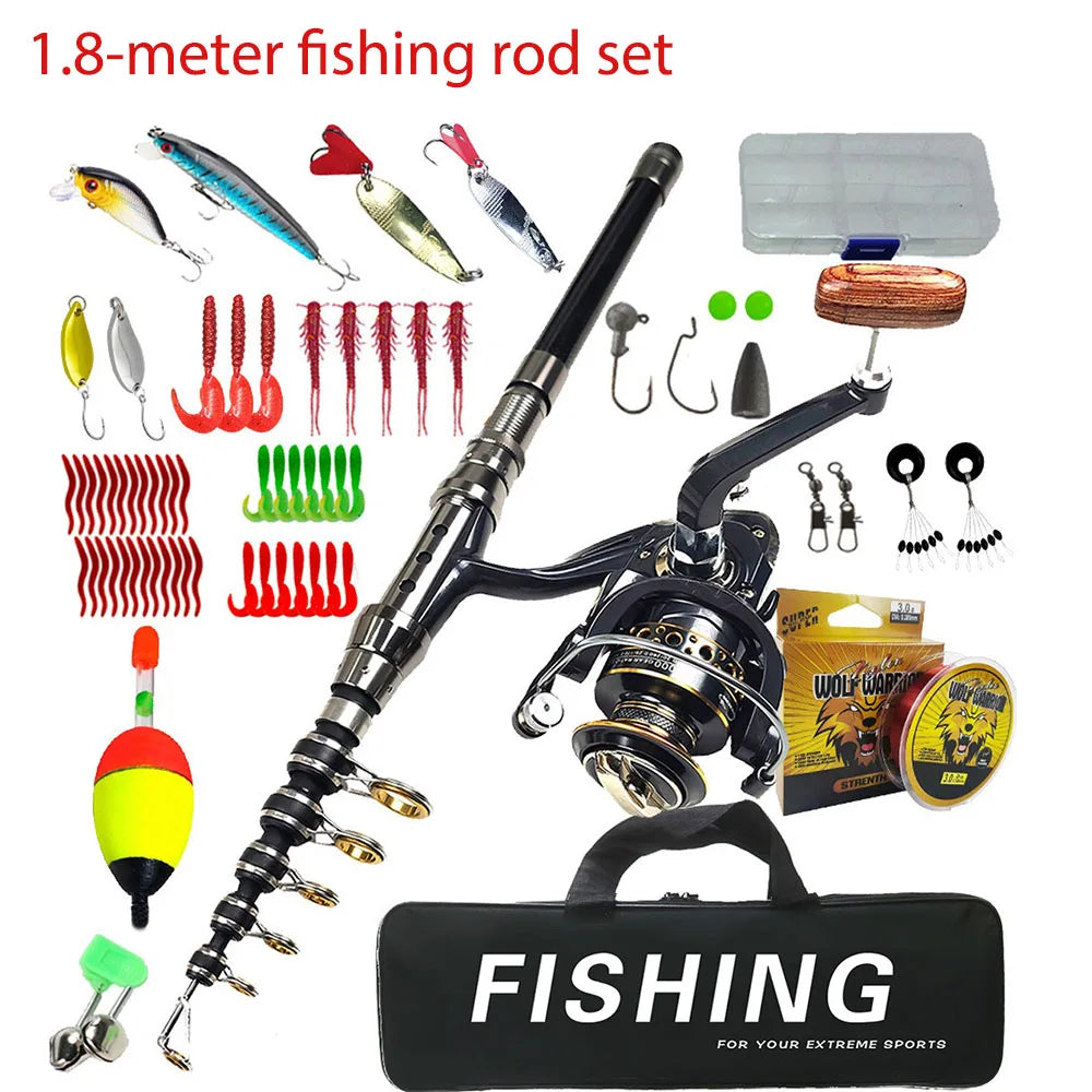 Carbon Telescopic Spinning Fishing Rod & Reel Full Kit