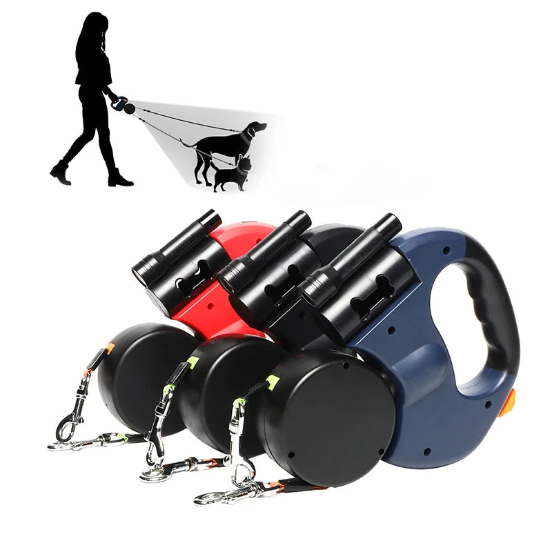 Dual Dog Leash with Flashlight & Waste Bag