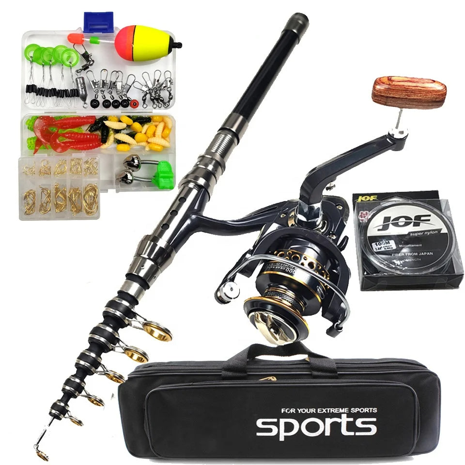 Carbon Telescopic Spinning Fishing Rod & Reel Full Kit