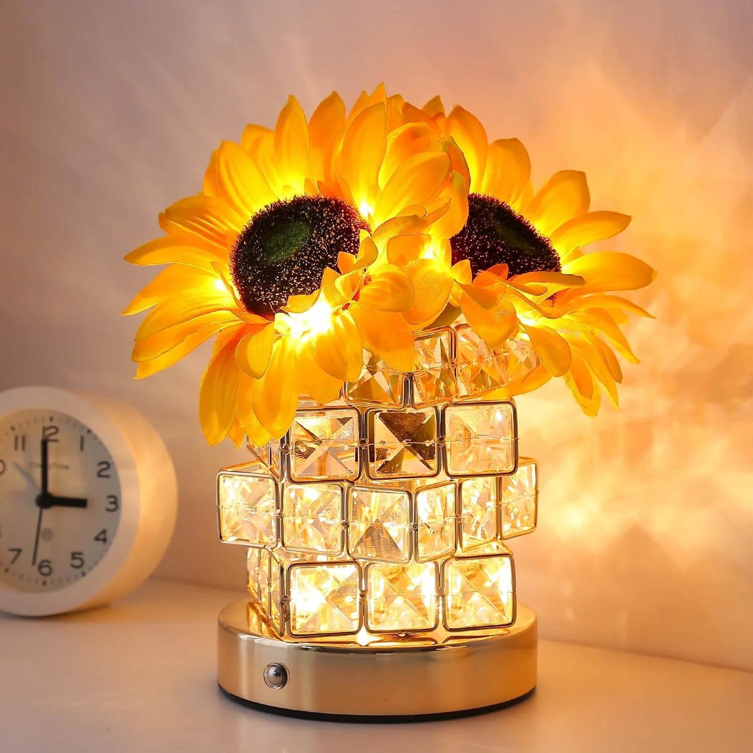 Sunflower Table Lamp, Glam Acrylic Crystal Sunflower Touch Lamp with 54 LED Lights, Yellow and Clear/Translucent, Cordless, Dimmable, Outdoor Use