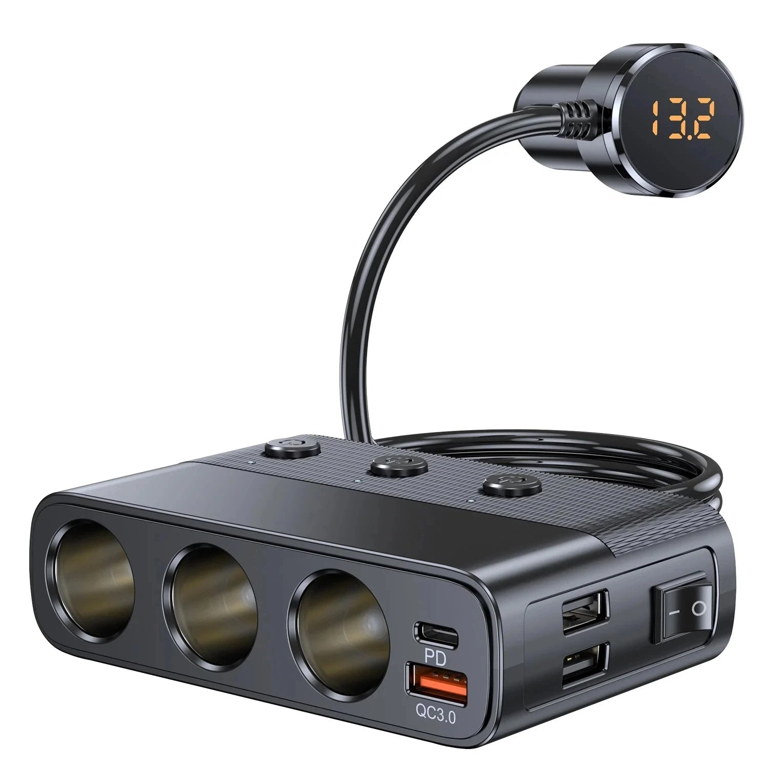 7-in-1 Car Cigarette Lighter Adapter – 128W, USB & Voltage Display