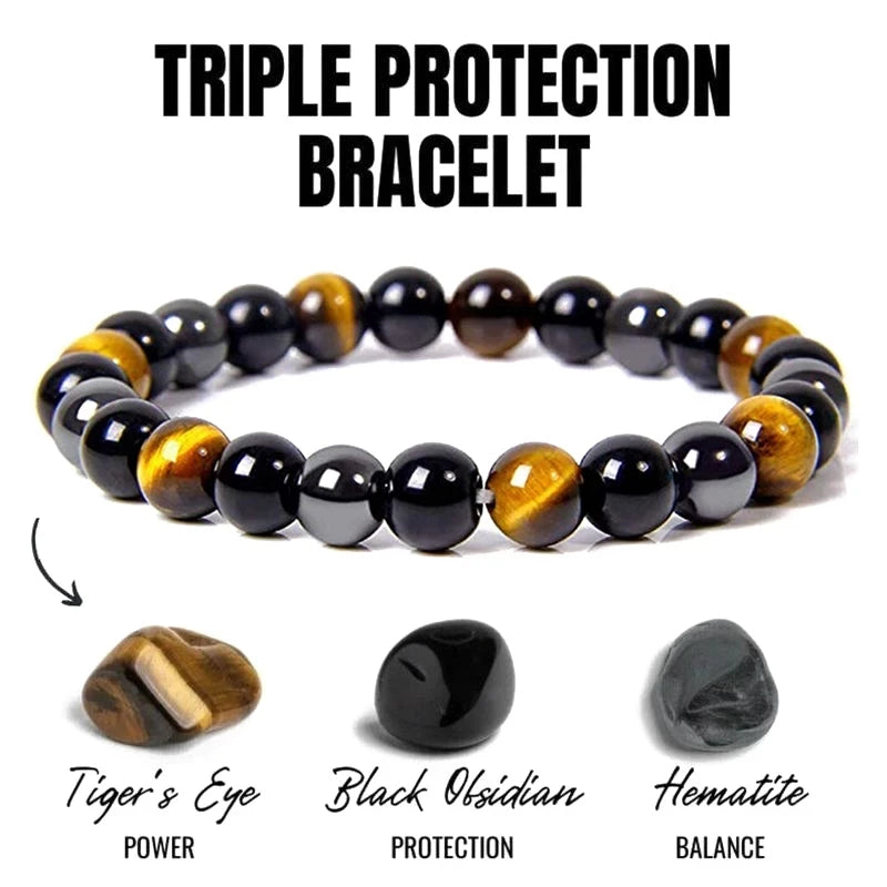 Hand Made Healing Bracelet | Natural Stones; Tiger-Eye, Black Obsidian, Hematite