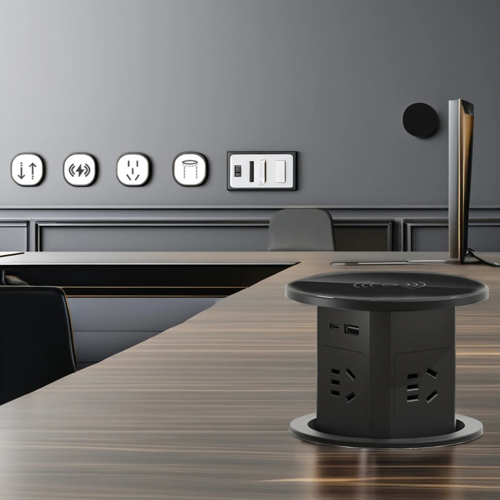 Automatic Pop-Up Desk Socket Tower – Hidden Power Hub with USB-C, Wireless Charging & Global Plug Support