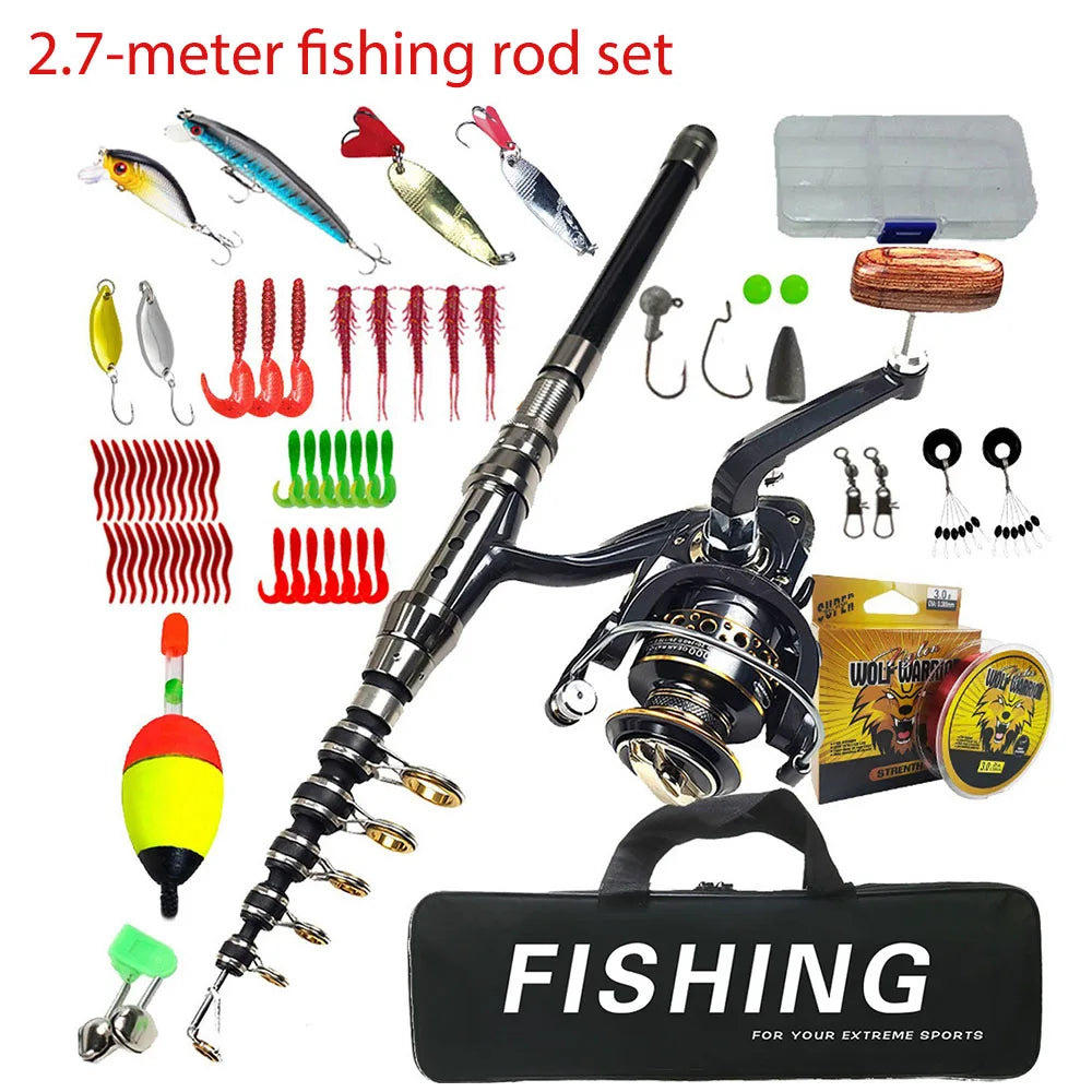Carbon Telescopic Spinning Fishing Rod & Reel Full Kit