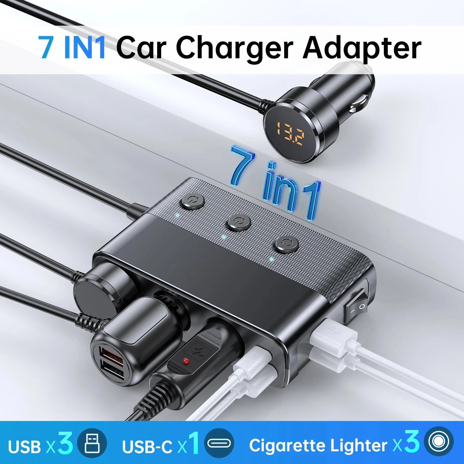 7-in-1 Car Cigarette Lighter Adapter – 128W, USB & Voltage Display