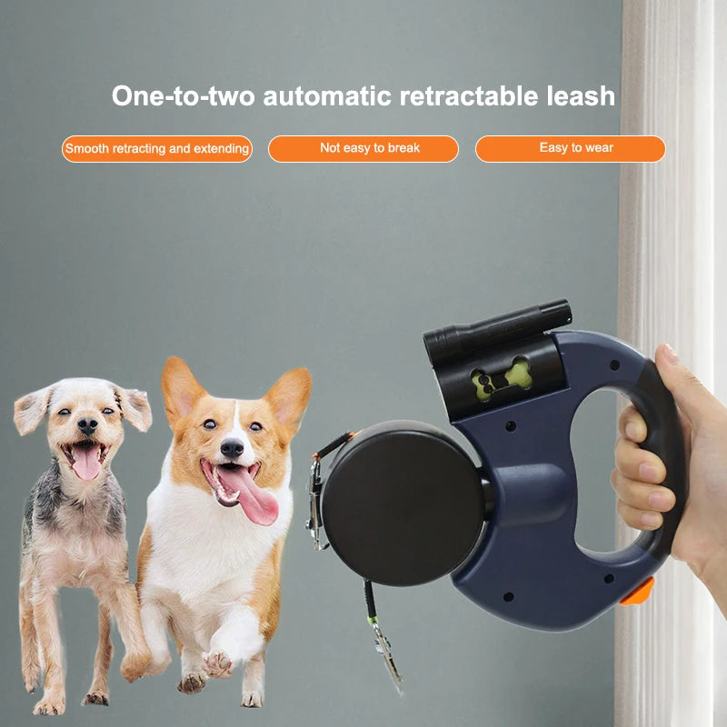 Dual Dog Leash with Flashlight & Waste Bag