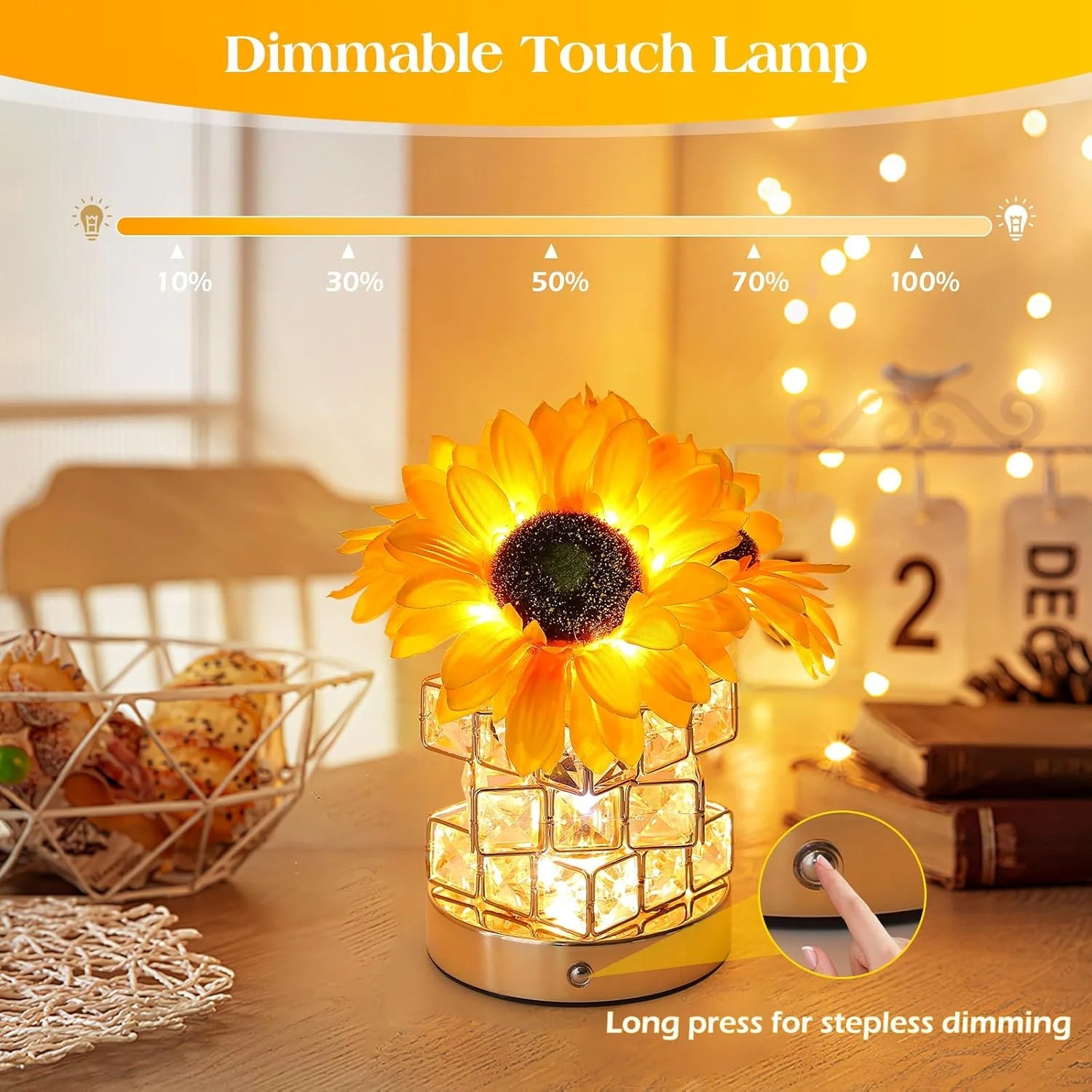 Sunflower Table Lamp, Glam Acrylic Crystal Sunflower Touch Lamp with 54 LED Lights, Yellow and Clear/Translucent, Cordless, Dimmable, Outdoor Use