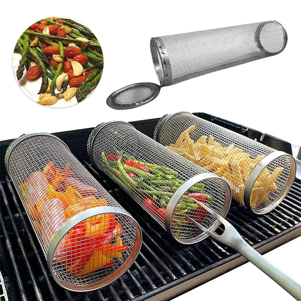 Stainless Steel Rolling BBQ Grill Basket