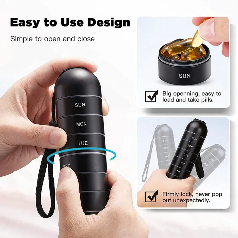 Aluminum 7 Days Portable Pill Organizer for Travel, Pill Box Pill Container