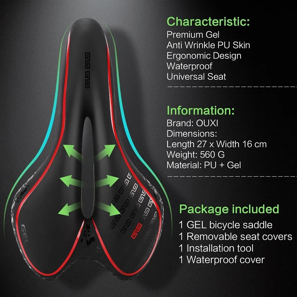 Gel Comfort Bicycle Saddle – Most Comfortable Bike Seat for Road and MTB, Lightweight PU Leather, Gel + Foam Filling, 27cm x 16cm