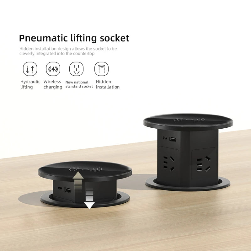 Automatic Pop-Up Desk Socket Tower – Hidden Power Hub with USB-C, Wireless Charging & Global Plug Support