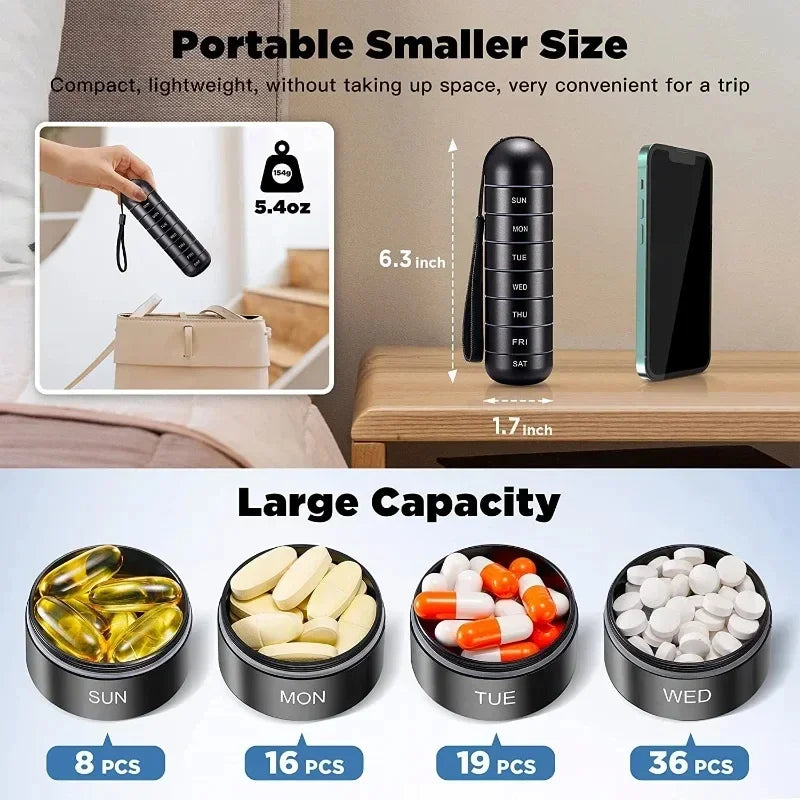 Aluminum 7 Days Portable Pill Organizer for Travel, Pill Box Pill Container