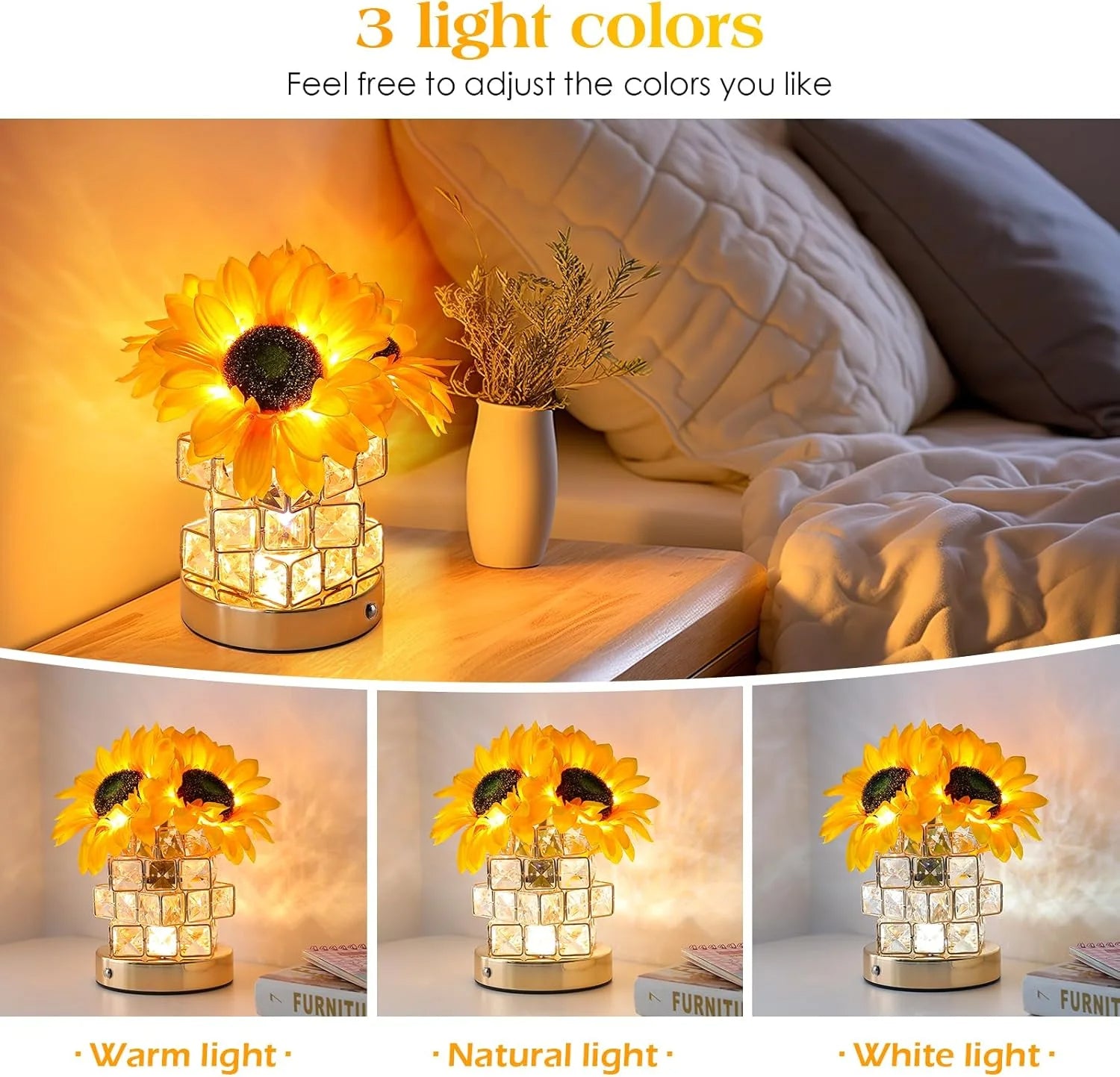 Sunflower Table Lamp, Glam Acrylic Crystal Sunflower Touch Lamp with 54 LED Lights, Yellow and Clear/Translucent, Cordless, Dimmable, Outdoor Use