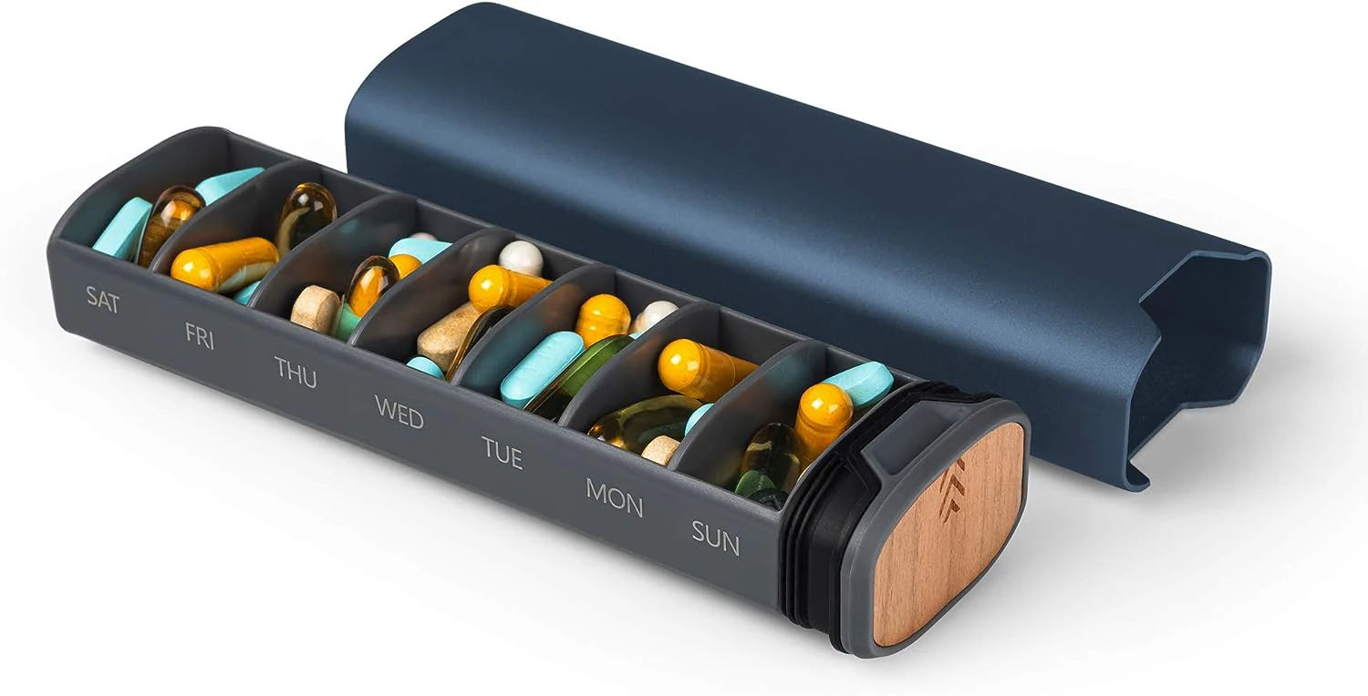 7-Day Pill Box - Stylish Aluminium & Wood Pill Organiser for Vitamins & Medication