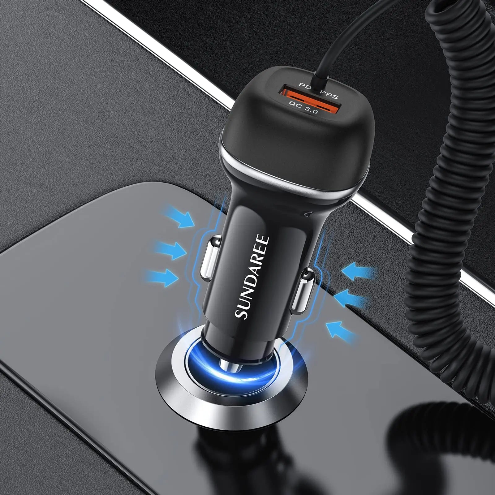 Fast USB-C Car Charger with 51W Power, 3 Ports and QC 3.0 Technology for Multiple Devices Charging