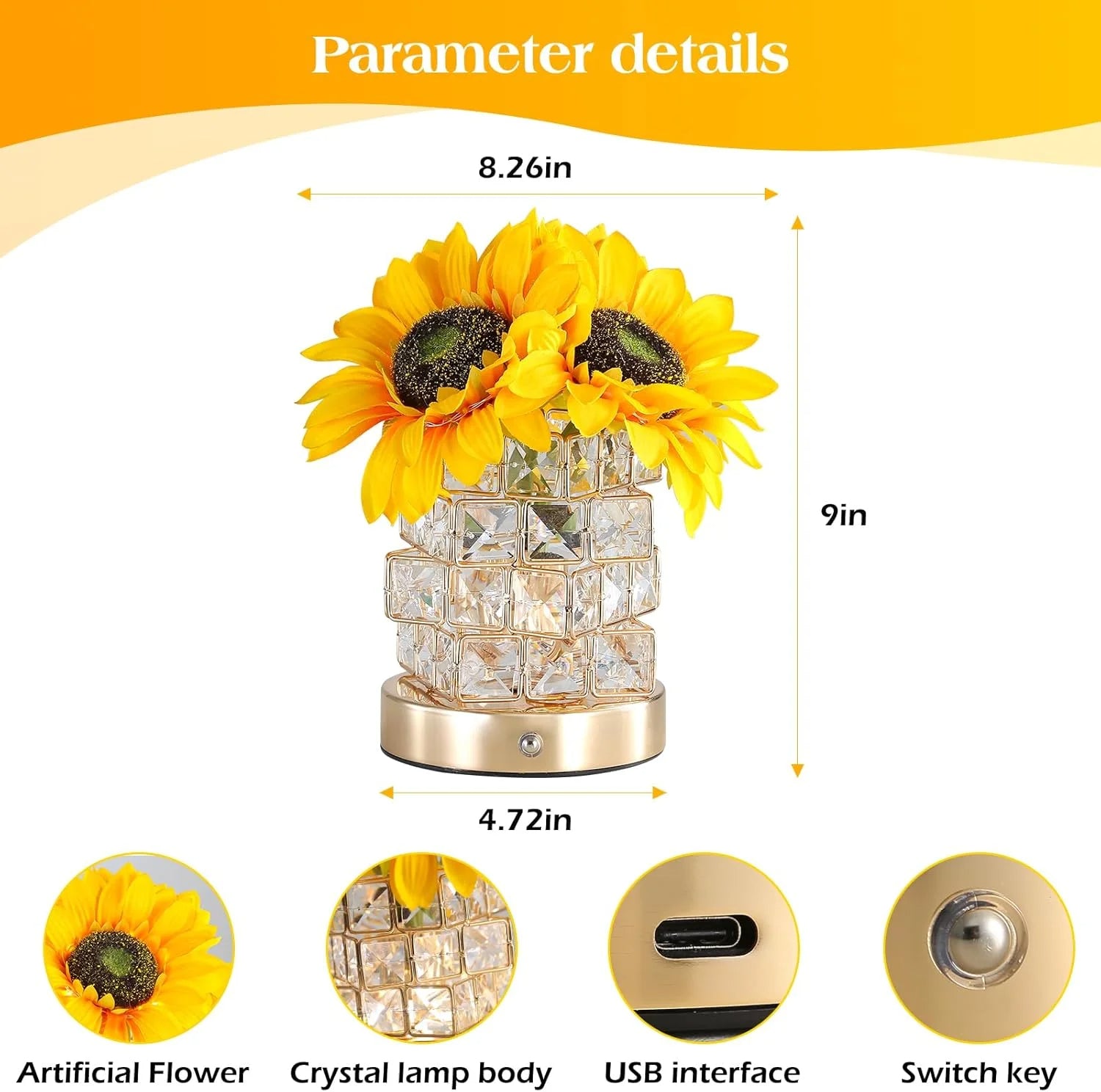Sunflower Table Lamp, Glam Acrylic Crystal Sunflower Touch Lamp with 54 LED Lights, Yellow and Clear/Translucent, Cordless, Dimmable, Outdoor Use