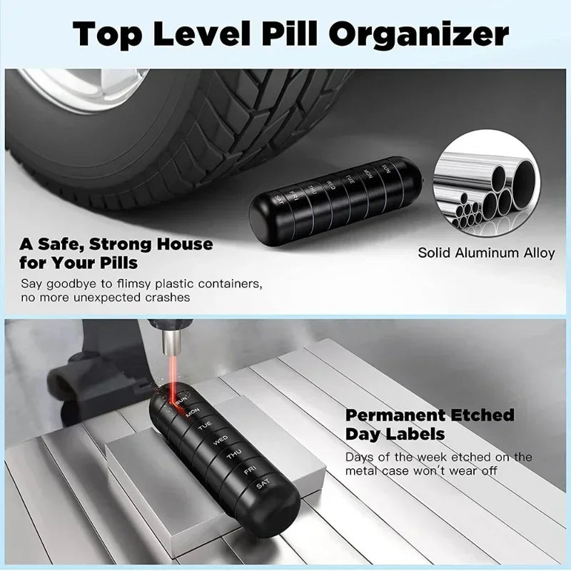 Aluminum 7 Days Portable Pill Organizer for Travel, Pill Box Pill Container