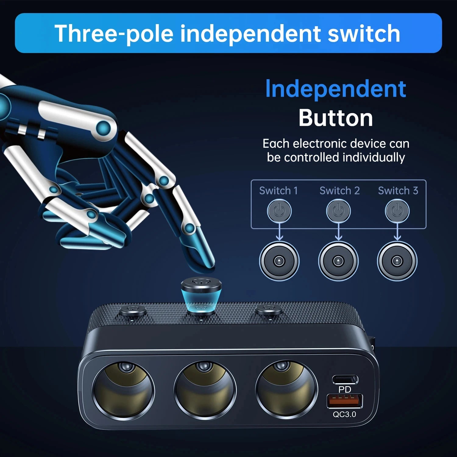 7-in-1 Car Cigarette Lighter Adapter – 128W, USB & Voltage Display