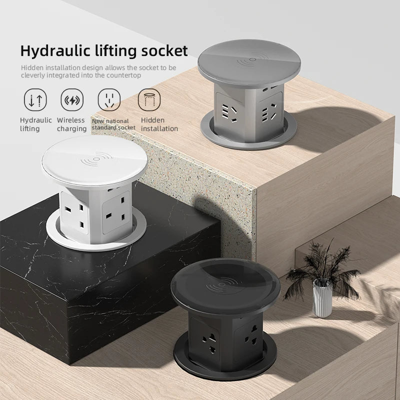 Automatic Pop-Up Desk Socket Tower – Hidden Power Hub with USB-C, Wireless Charging & Global Plug Support