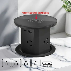 Automatic Pop-Up Desk Socket Tower – Hidden Power Hub with USB-C, Wireless Charging & Global Plug Support