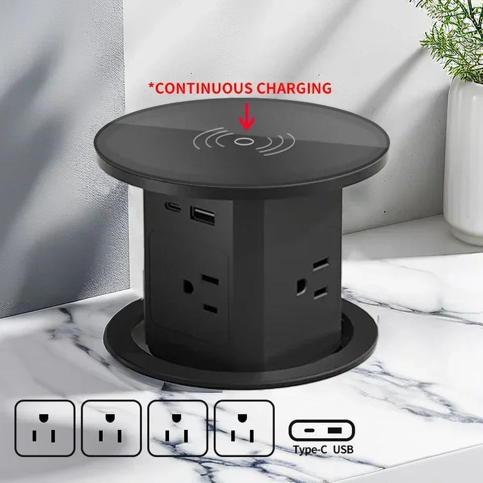 Automatic Pop-Up Desk Socket Tower – Hidden Power Hub with USB-C, Wireless Charging & Global Plug Support