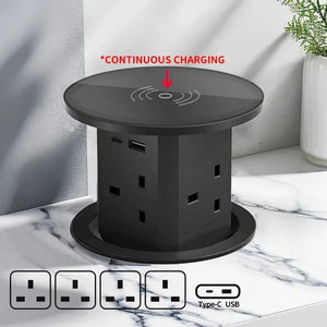 Automatic Pop-Up Desk Socket Tower – Hidden Power Hub with USB-C, Wireless Charging & Global Plug Support