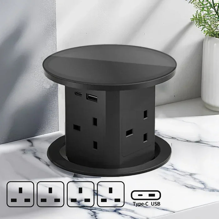 Automatic Pop-Up Desk Socket Tower – Hidden Power Hub with USB-C, Wireless Charging & Global Plug Support