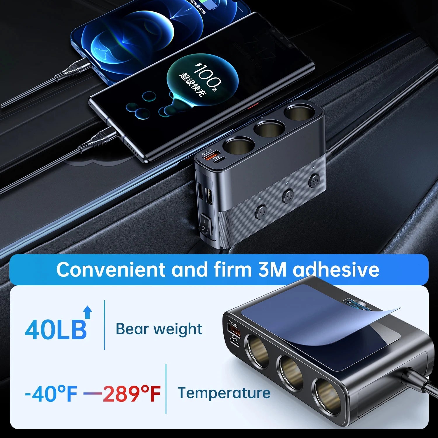 7-in-1 Car Cigarette Lighter Adapter – 128W, USB & Voltage Display