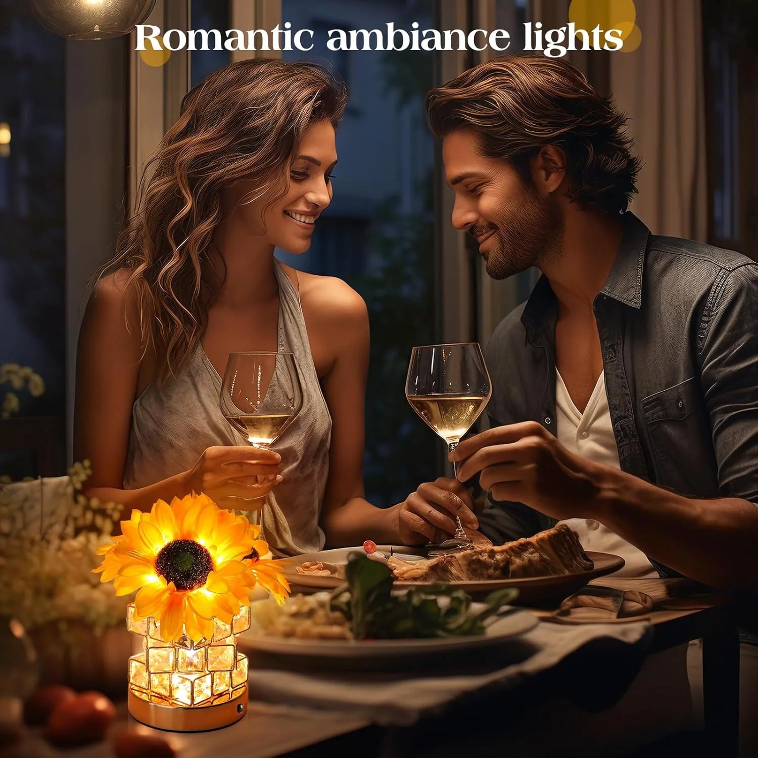 Sunflower Table Lamp, Glam Acrylic Crystal Sunflower Touch Lamp with 54 LED Lights, Yellow and Clear/Translucent, Cordless, Dimmable, Outdoor Use