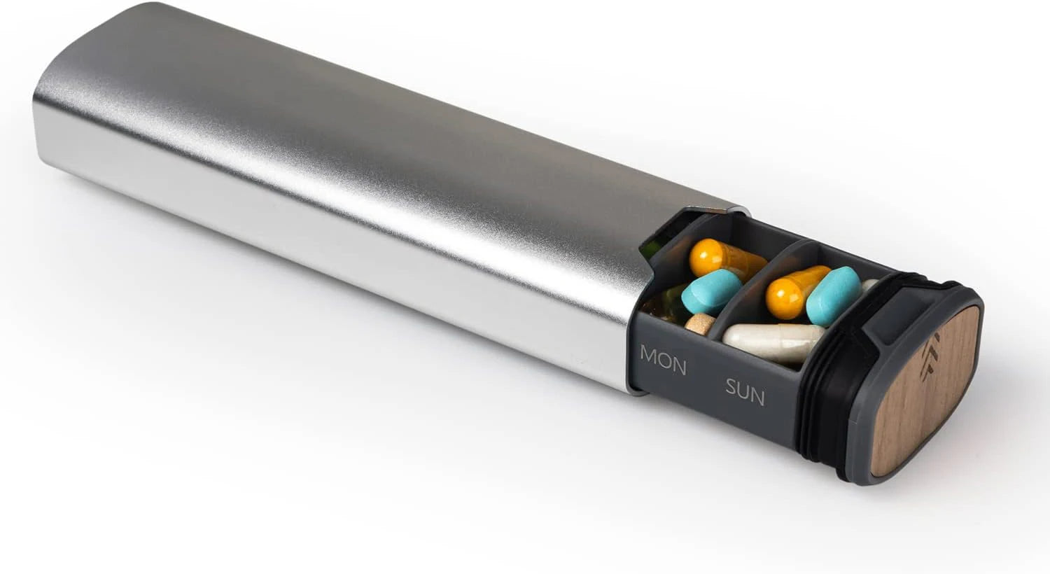7-Day Pill Box - Stylish Aluminium & Wood Pill Organiser for Vitamins & Medication