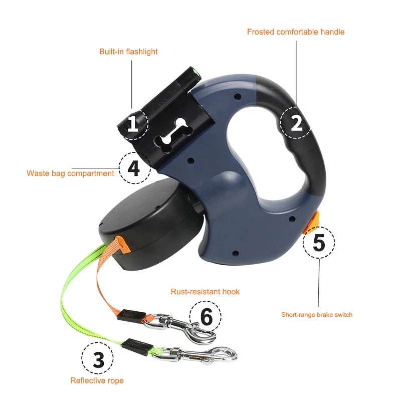 Dual Dog Leash with Flashlight & Waste Bag