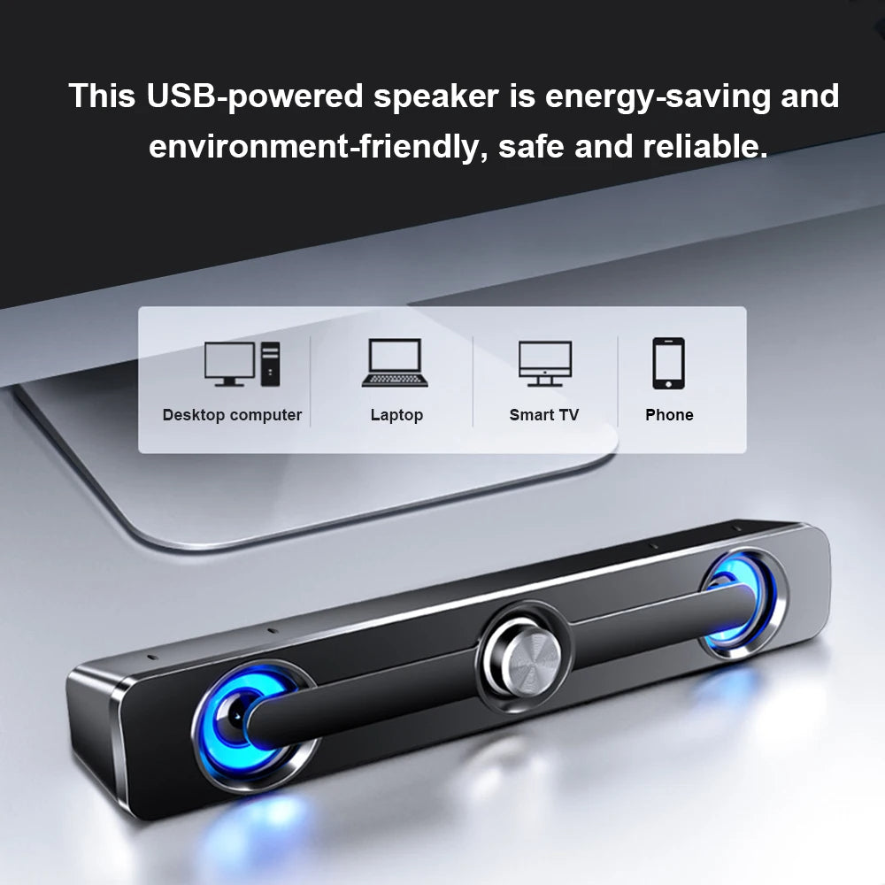 PC Soundbar Speaker – USB Powered with LED Lights 3.5mm Jack for Laptop & TV