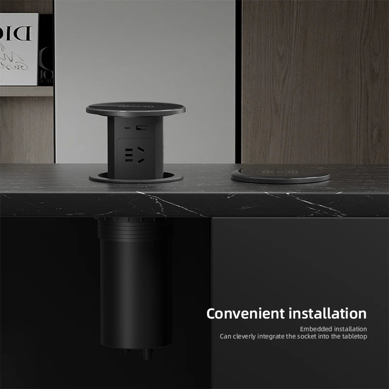 Automatic Pop-Up Desk Socket Tower – Hidden Power Hub with USB-C, Wireless Charging & Global Plug Support