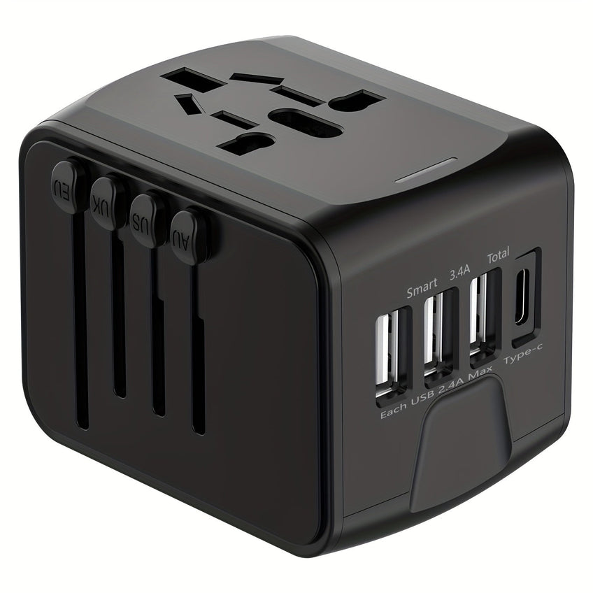 Universal Travel Adapter with 4 USB Ports and Type-C – Global Compatibility, Fast Charging Safety Features