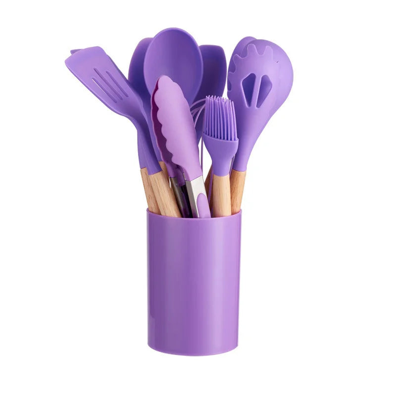CalmPrep Silicone Utensil Set – 11-Piece Kitchen Tools with Wooden Handles in Soft Neutral Tones