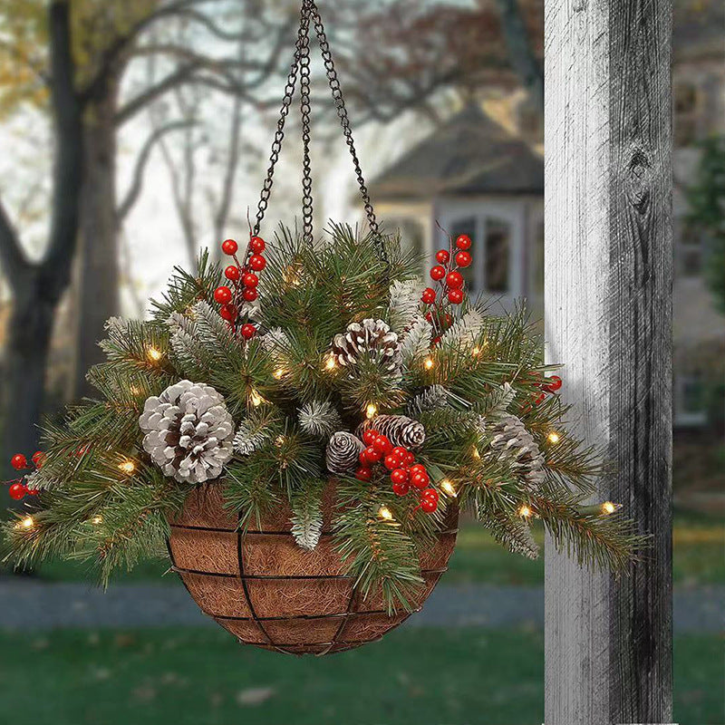 Christmas Hanging Basket with Frosted Pine Cones and Berry Ornaments