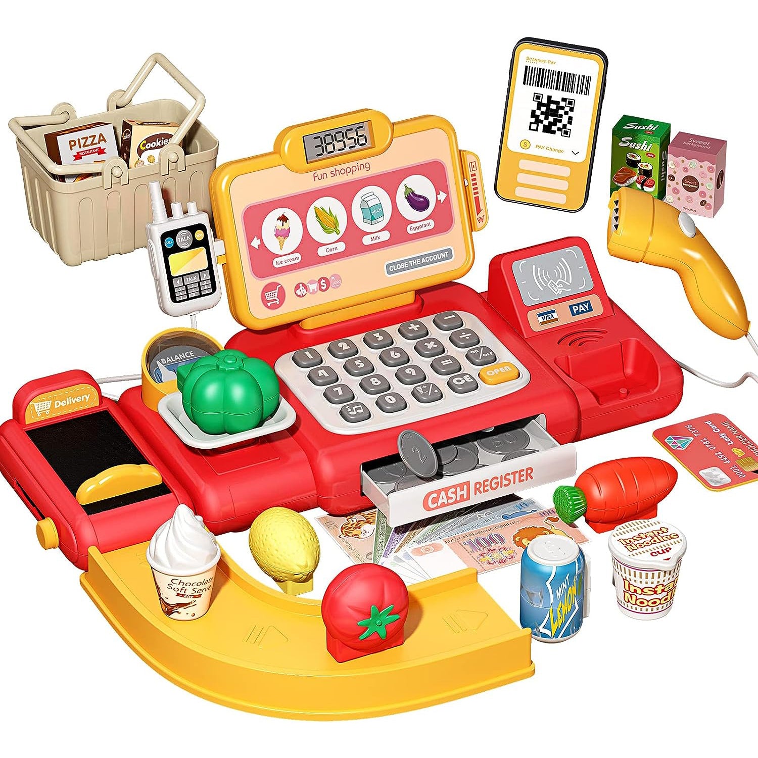 Cash Register Toy with Role-Play Features, Built-in Calculator, Mobile Payment, Safe for Ages 3+