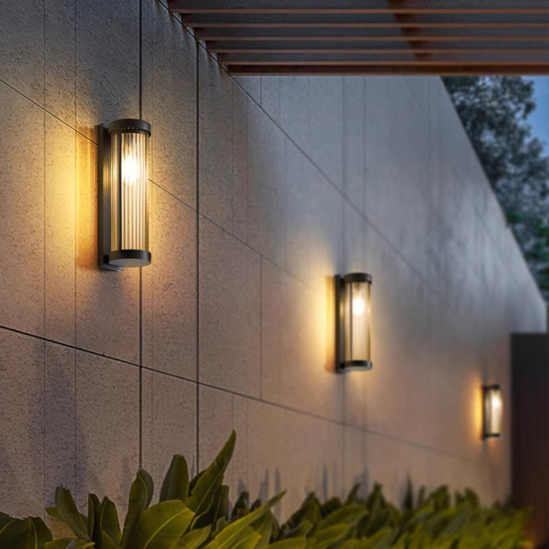 Cylindrical Metal and Glass Solar Powered Wall Lamp