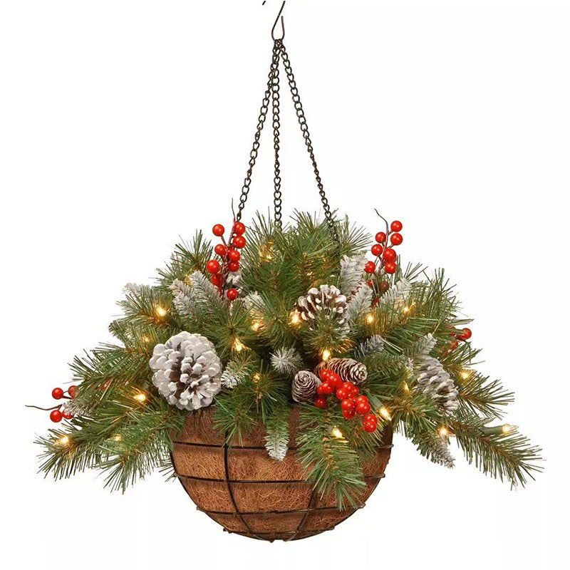 Christmas Hanging Basket with Frosted Pine Cones and Berry Ornaments