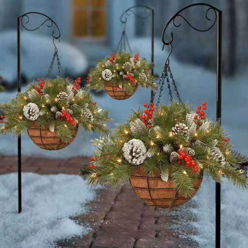 Christmas Hanging Basket with Frosted Pine Cones and Berry Ornaments