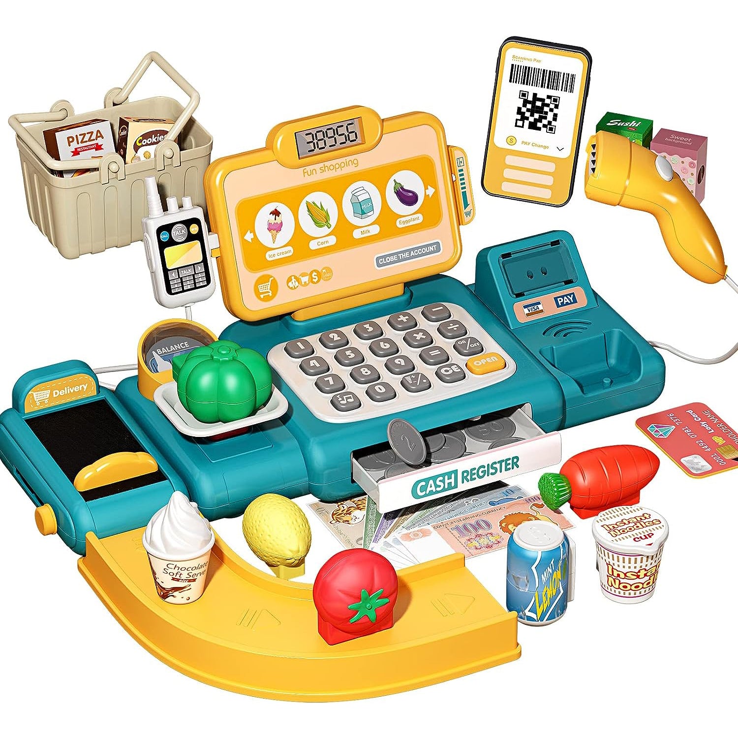 Cash Register Toy with Role-Play Features, Built-in Calculator, Mobile Payment, Safe for Ages 3+
