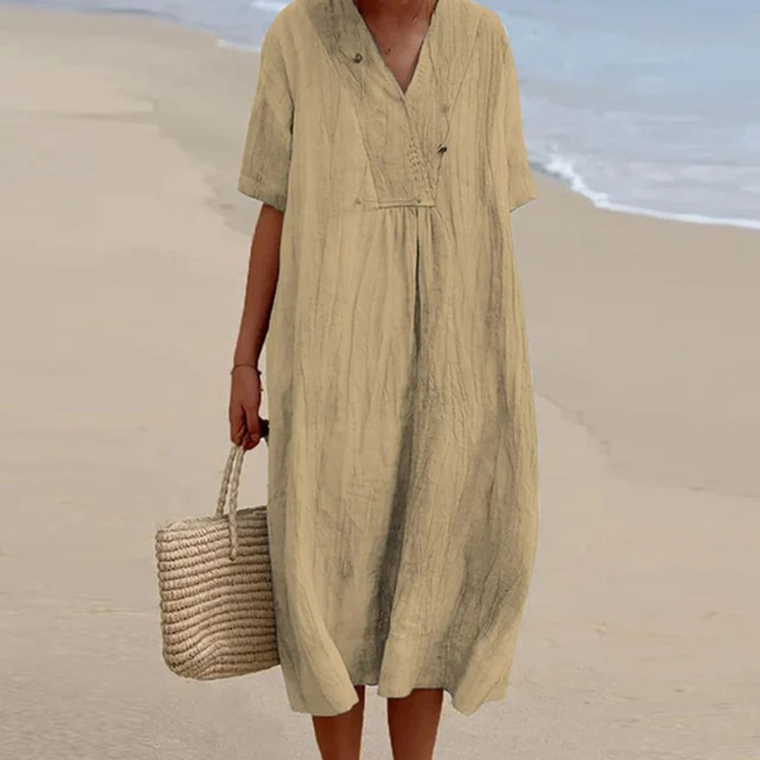 Summer Linen Midi Dress | V-Neck Loose Fit Design