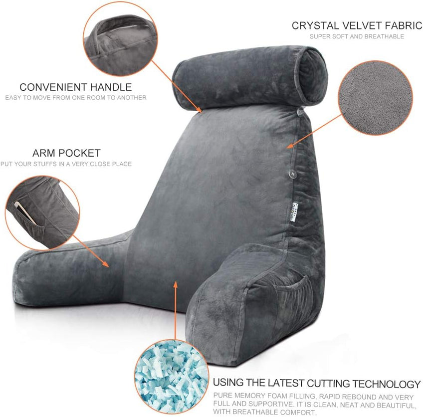Supportive Reading Pillow with Arms – Plush Crystal Velvet Back Cushion for Bed, Sofa & Office Comfort