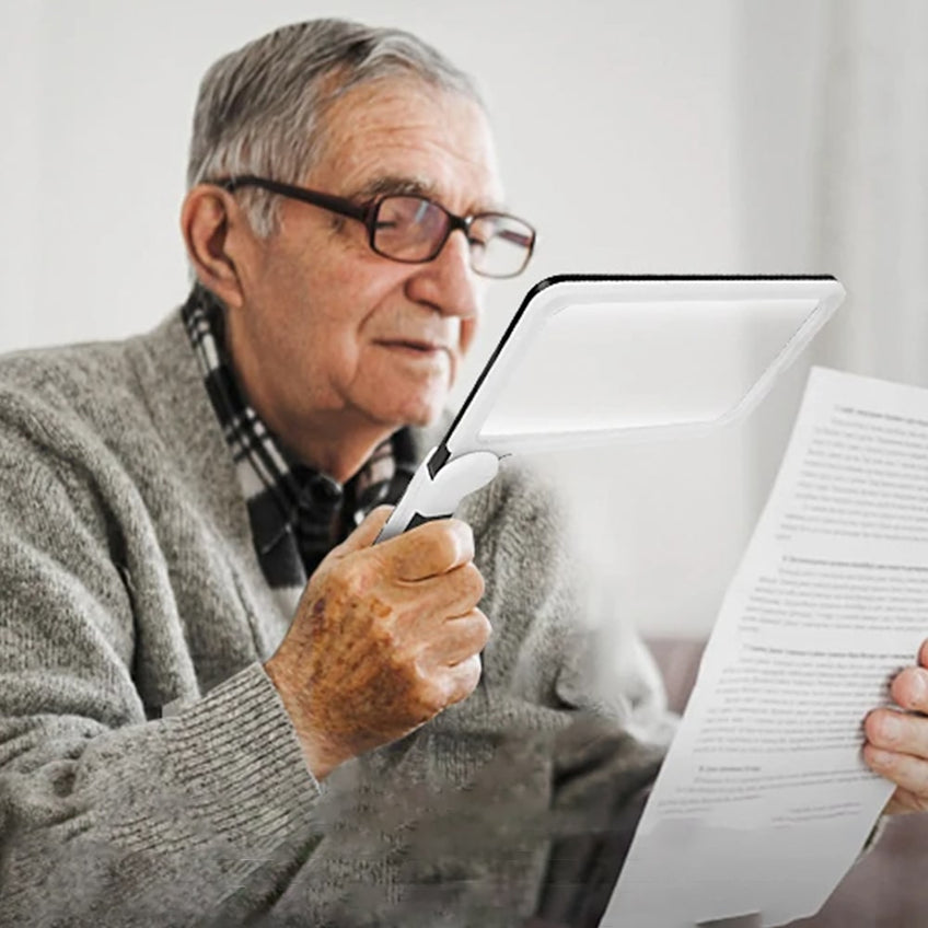 Portable full-page magnifier, 5x magnification, LED lighting with 3 modes, ideal for reading books and for the elderly.