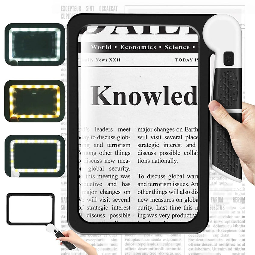 Portable full-page magnifier, 5x magnification, LED lighting with 3 modes, ideal for reading books and for the elderly.