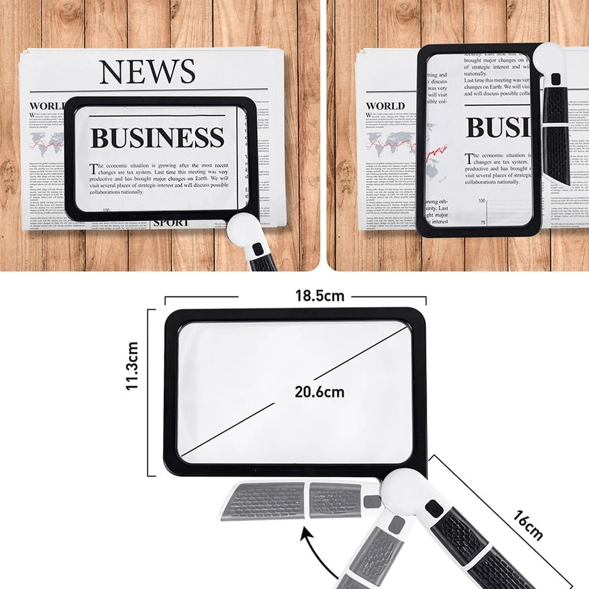 Portable full-page magnifier, 5x magnification, LED lighting with 3 modes, ideal for reading books and for the elderly.