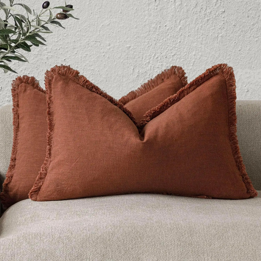 Boho Linen Fringe Pillow Cover | Soft Ramie Cotton Throw Cushion Case