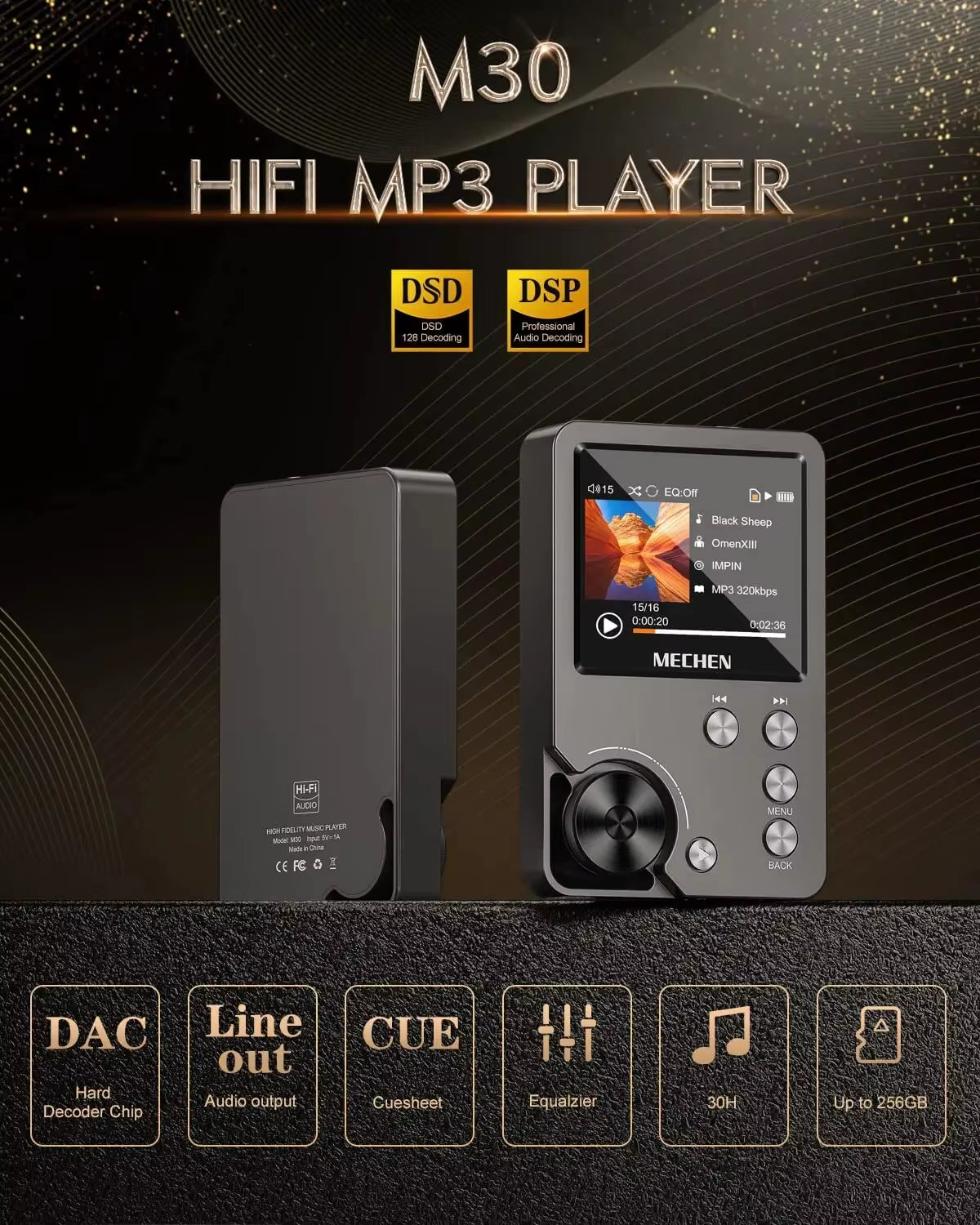 HiFi MP3 Player MECHEN-M30 – Premium Lossless Audio with 64GB Memory Card, Supports up to 256GB