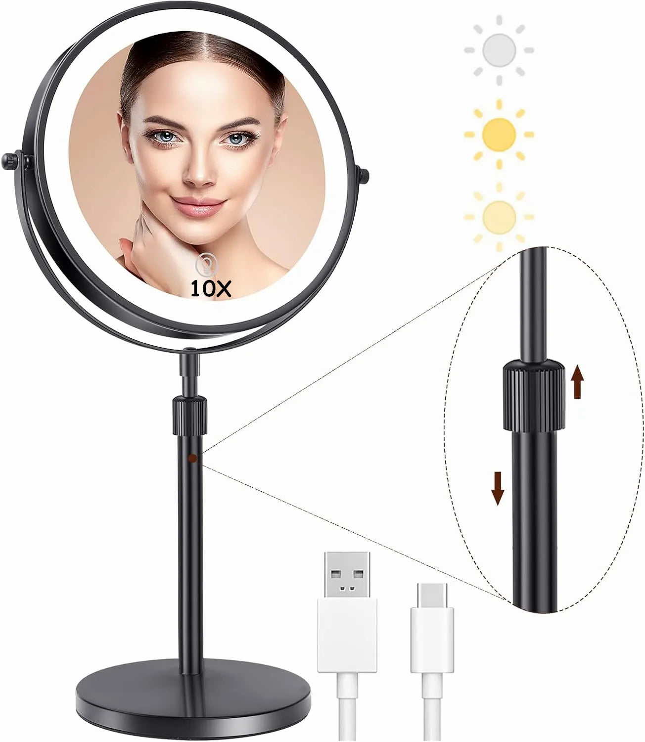 LED Makeup Mirror with Lights & 10X Zoom – Cordless & Adjustable