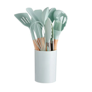CalmPrep Silicone Utensil Set – 11-Piece Kitchen Tools with Wooden Handles in Soft Neutral Tones